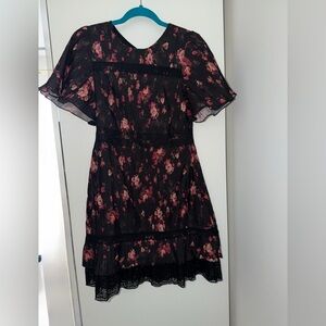 Black Floral Short Sleeve Ruffle Dress